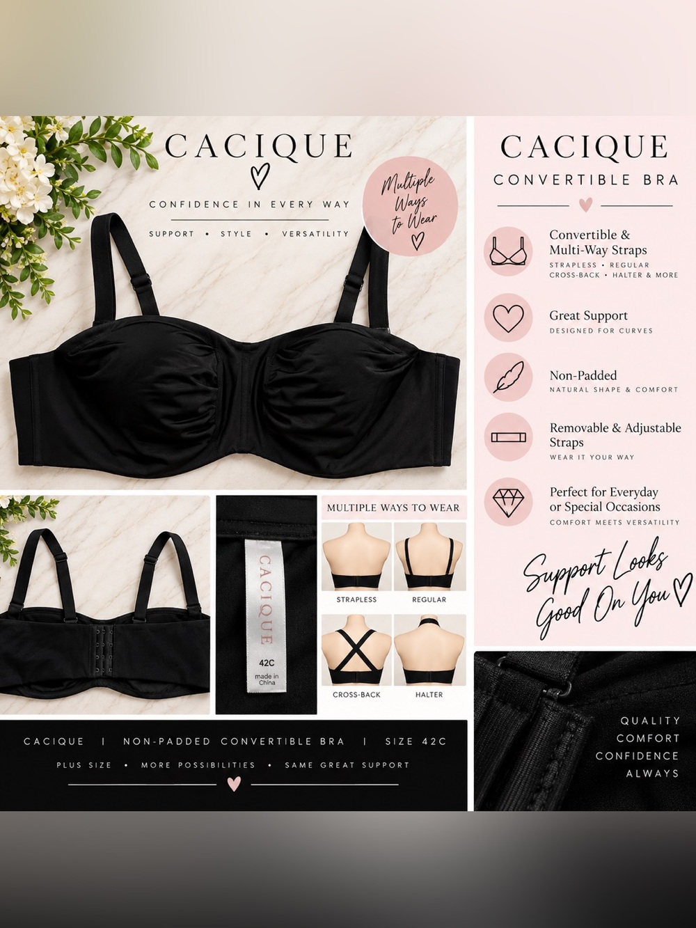 Cacique Black Convertible Multi-Way Bra